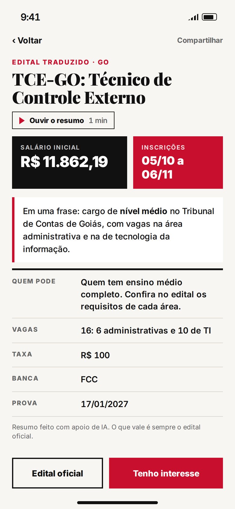 Tela do edital traduzido do TCE-GO no app