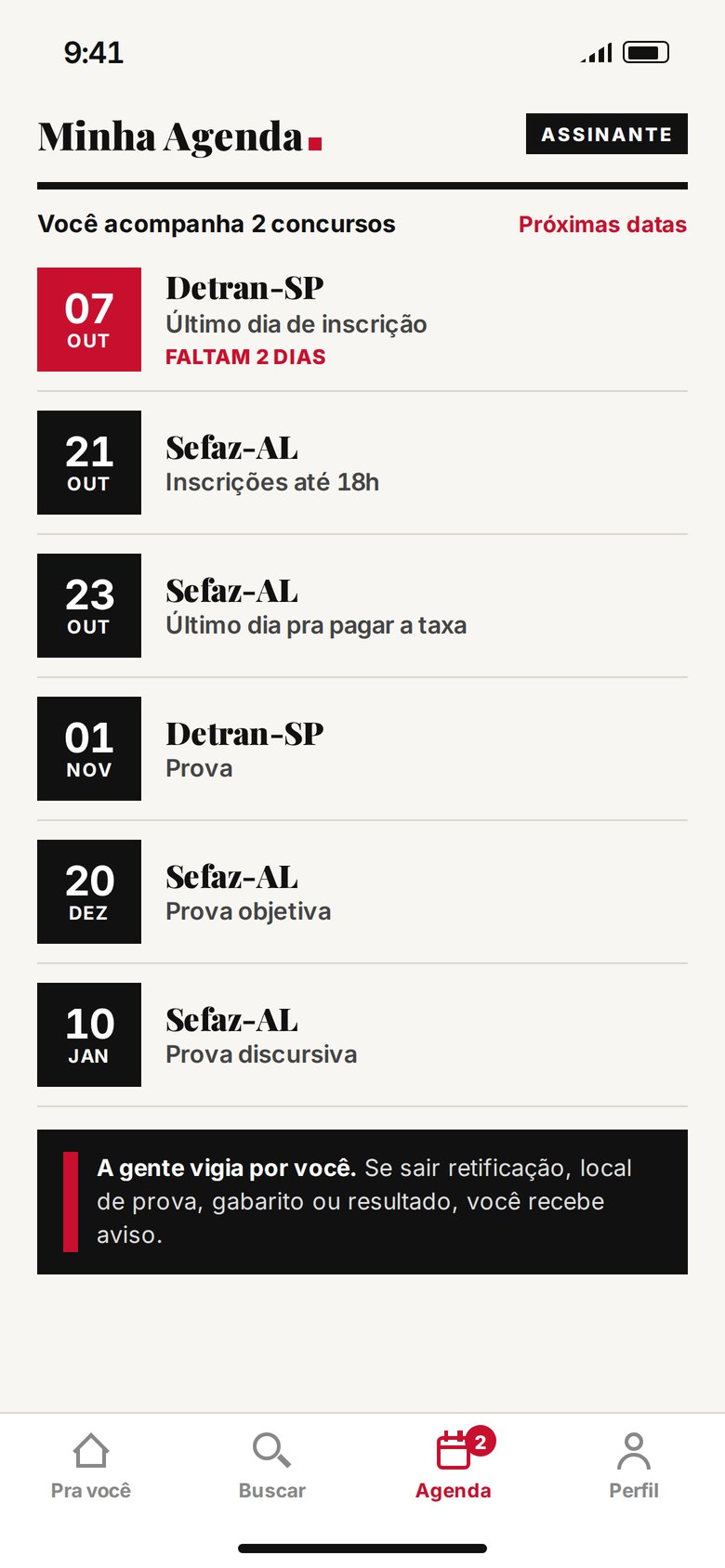 Tela Minha Agenda do app, com as próximas datas dos concursos marcados